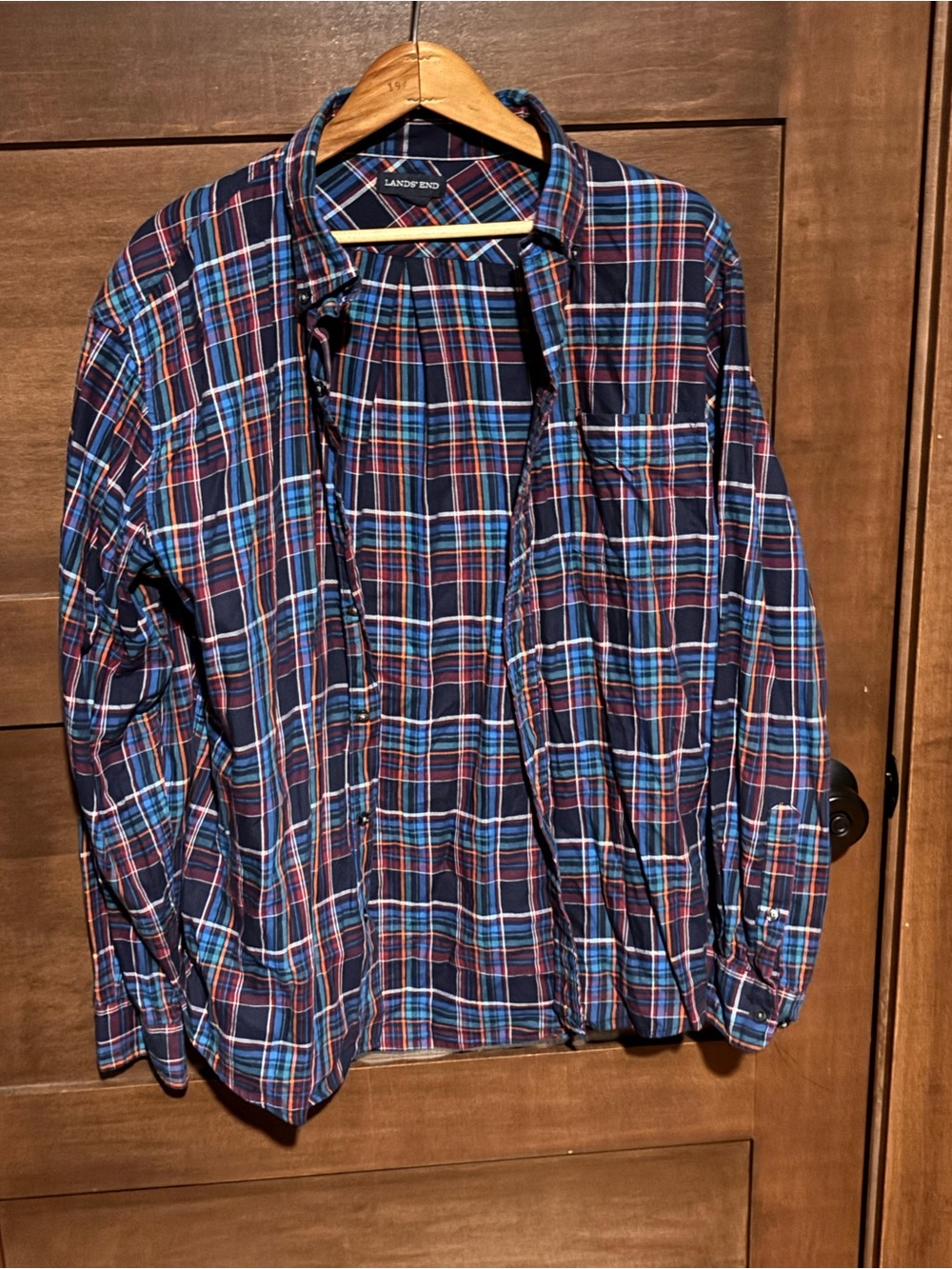 Lands' End Men's Navy, Blue & Red Plaid Button-Down Shirt